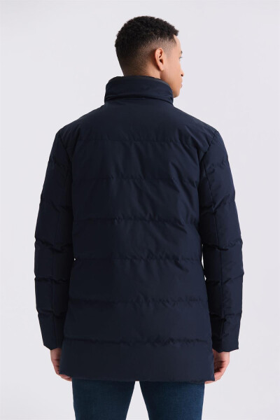 Navy Blue Regular Fit Mandarin Collar Zippered Winter Puffer Jacket - 4