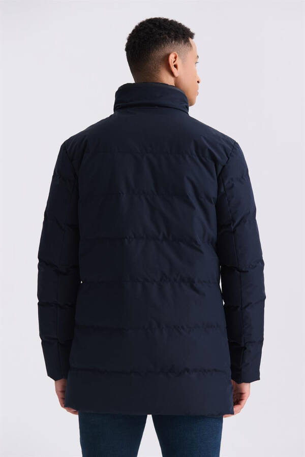 Navy Blue Regular Fit Mandarin Collar Zippered Winter Puffer Jacket - 4