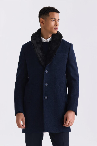 Navy Blue Regular Fit Removable Collar Wool Peacoat - 1