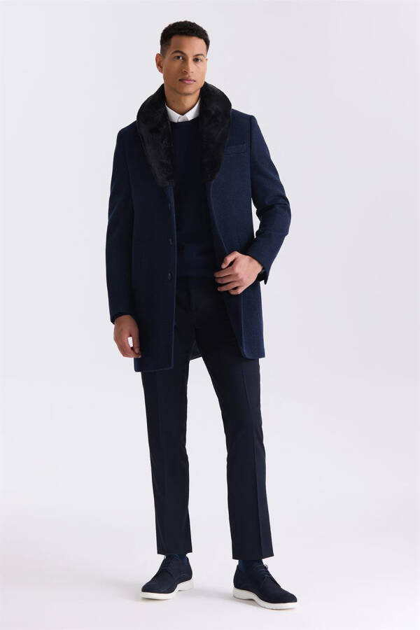 Navy Blue Regular Fit Removable Collar Wool Peacoat - 2