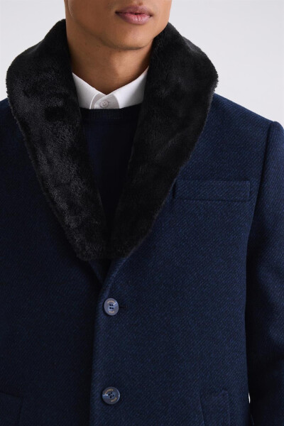 Navy Blue Regular Fit Removable Collar Wool Peacoat - 3