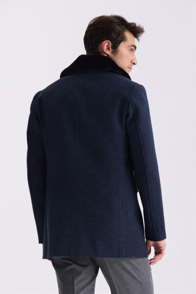 Navy Blue Regular Fit Removable Fur Collar Patterned Wool Coat - 4