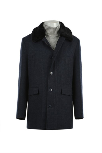 Navy Blue Regular Fit Removable Fur Collar Patterned Wool Coat - 5