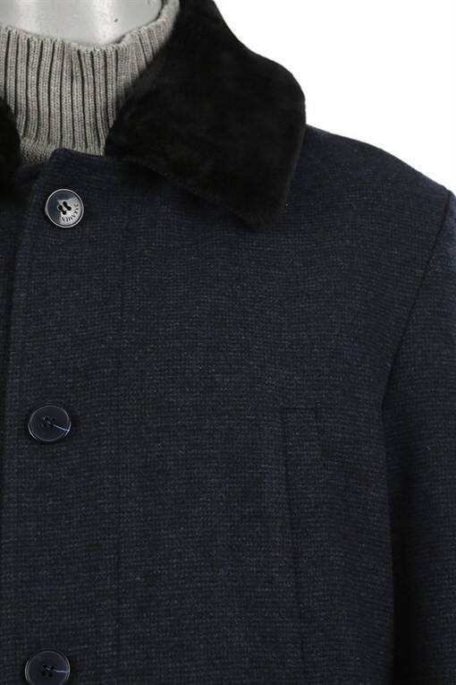 Navy Blue Regular Fit Removable Fur Collar Patterned Wool Coat - 7