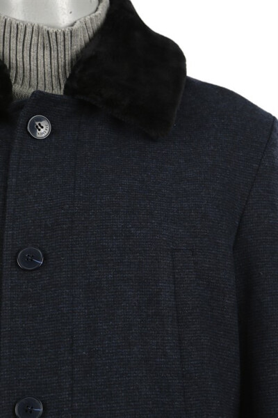 Navy Blue Regular Fit Removable Fur Collar Patterned Wool Coat - 8