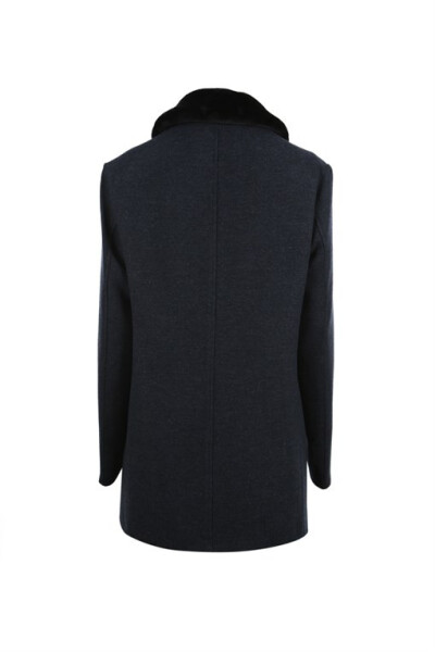 Navy Blue Regular Fit Removable Fur Collar Patterned Wool Coat - 9