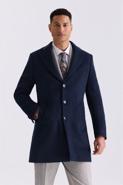 Navy Blue Regular Fit Single Breasted Wool Peacoat - 1