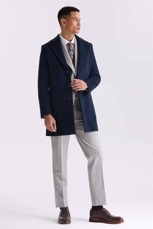 Navy Blue Regular Fit Single Breasted Wool Peacoat - 2