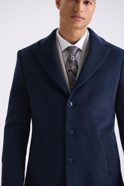 Navy Blue Regular Fit Single Breasted Wool Peacoat - 3