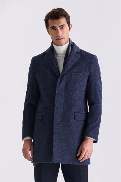 Navy Blue Regular Fit Single Breasted Wool Peacoat - 5