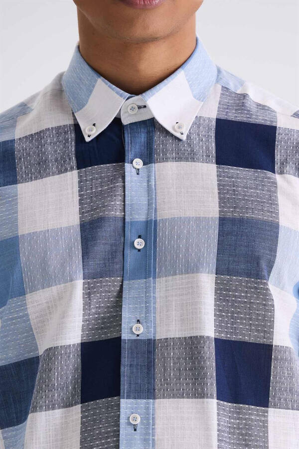 Navy Blue Slim Fit Button Down Plaid Cotton Shirt - 7