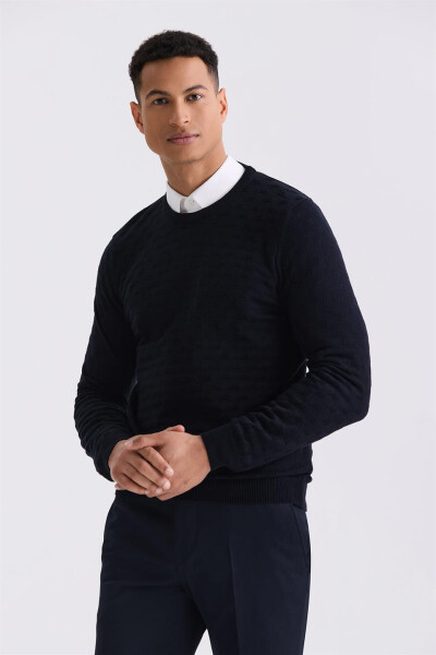 Navy Blue Slim Fit Crew Neck Patterned Knit Sweater - 1