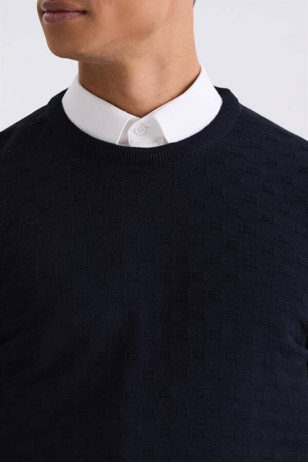 Navy Blue Slim Fit Crew Neck Patterned Knit Sweater - 3