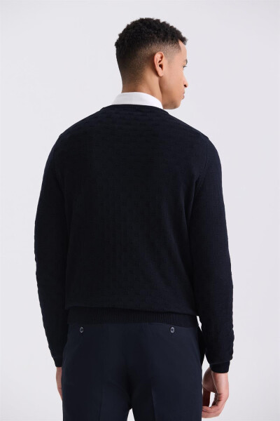 Navy Blue Slim Fit Crew Neck Patterned Knit Sweater - 4