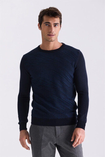 Navy Blue Slim Fit Crew Neck Patterned Knit Sweater - 1