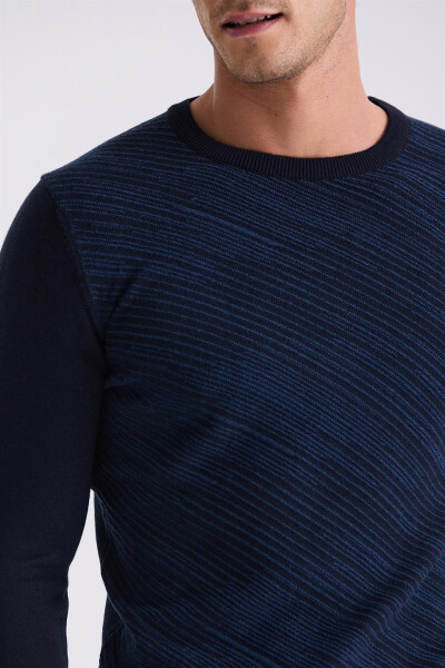 Navy Blue Slim Fit Crew Neck Patterned Knit Sweater - 3