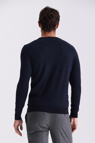 Navy Blue Slim Fit Crew Neck Patterned Knit Sweater - 4