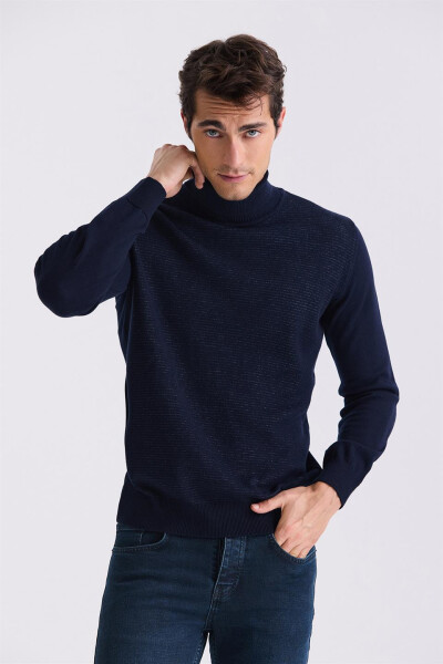 Navy Blue Slim Fit Full Fisherman Neck Knit Sweater - 1