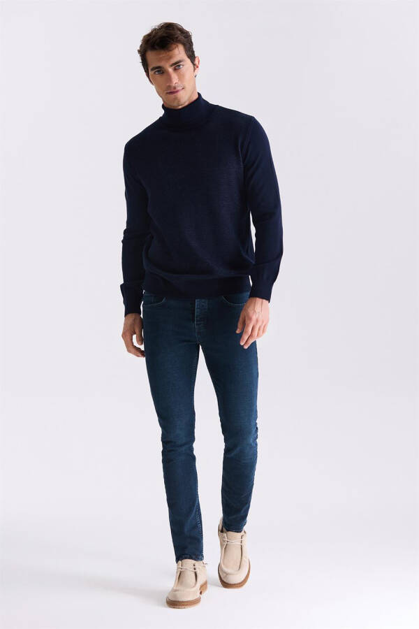 Navy Blue Slim Fit Full Fisherman Neck Knit Sweater - 2