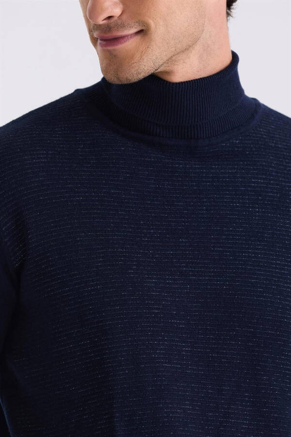 Navy Blue Slim Fit Full Fisherman Neck Knit Sweater - 3