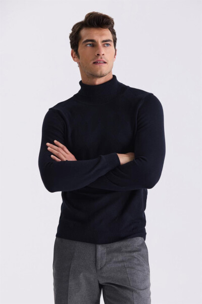 Navy Blue Slim Fit Full Fisherman Neck Patterned Knit Sweater - 5