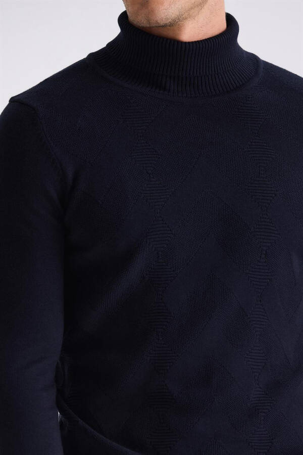 Navy Blue Slim Fit Full Fisherman Neck Patterned Knit Sweater - 7