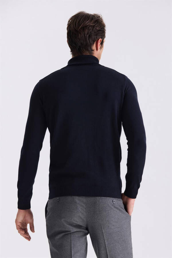 Navy Blue Slim Fit Full Fisherman Neck Patterned Knit Sweater - 8