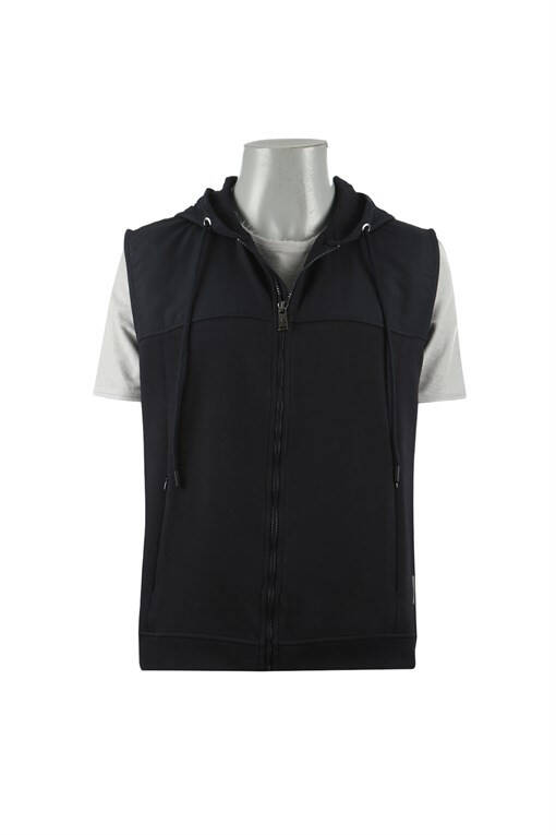 Navy Blue Slim Fit Hooded Cotton Lycra Vest - 9