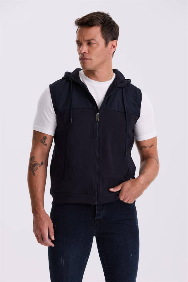 Navy Blue Slim Fit Hooded Cotton Lycra Vest - 5