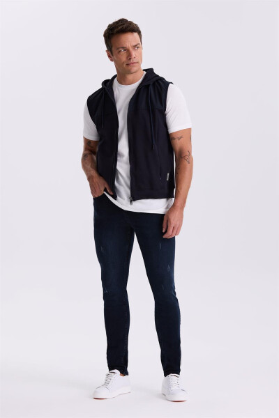 Navy Blue Slim Fit Hooded Cotton Lycra Vest - 6