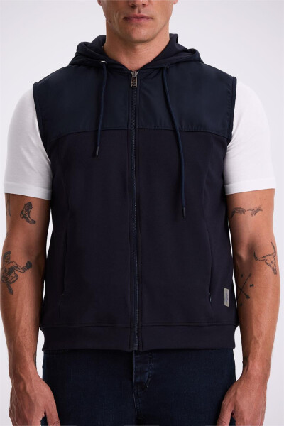 Navy Blue Slim Fit Hooded Cotton Lycra Vest - 7