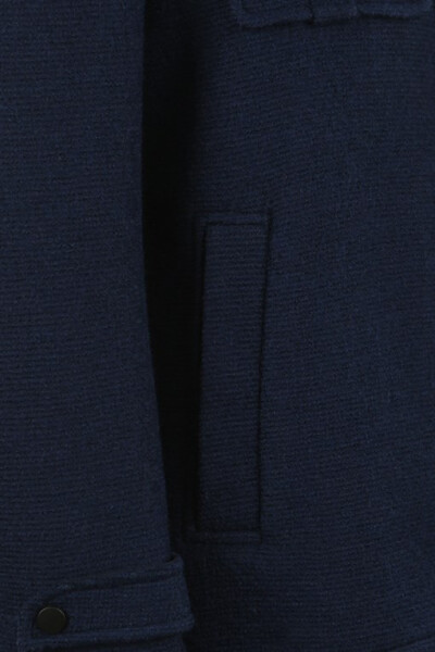 Navy Blue Slim Fit Notched Lapel Epauletted Patterned Sports Wool Coat - 13