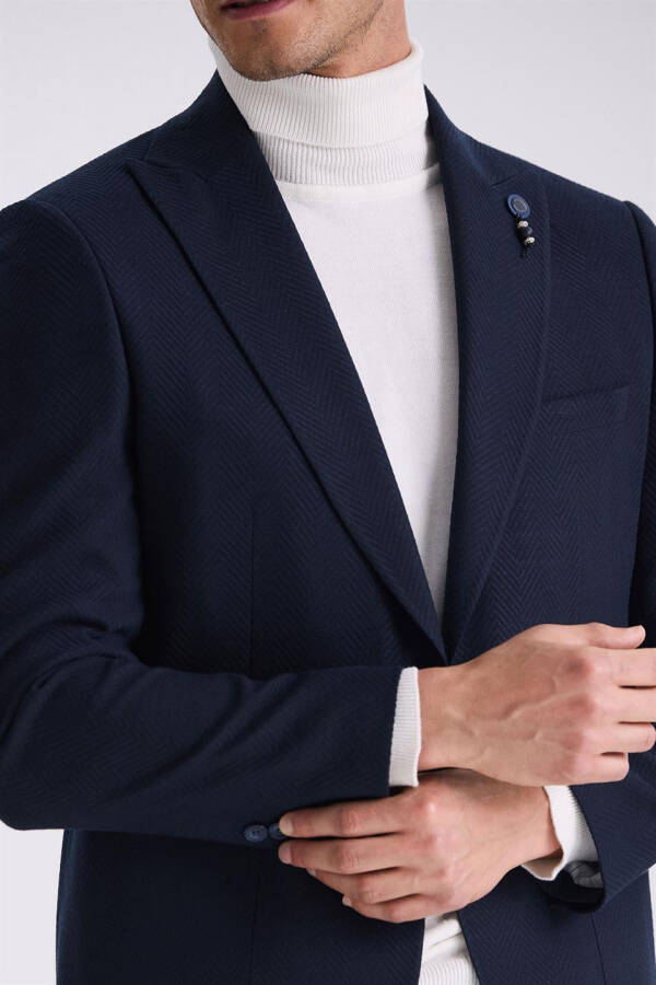 Navy Blue Slim Fit Pointed Collar Patterned Sports Jacket - 3