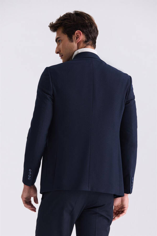 Navy Blue Slim Fit Pointed Collar Patterned Sports Jacket - 4