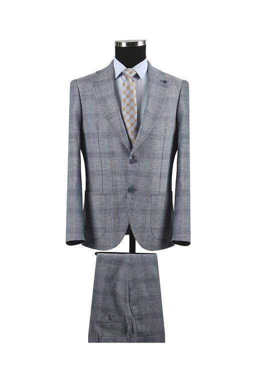 Navy Blue Slim Fit Single Breasted Checked Suit with Patch Pockets, 100% Linen - 5