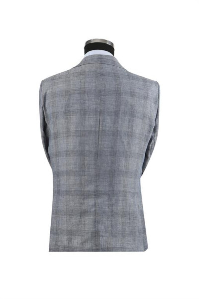 Navy Blue Slim Fit Single Breasted Checked Suit with Patch Pockets, 100% Linen - 7