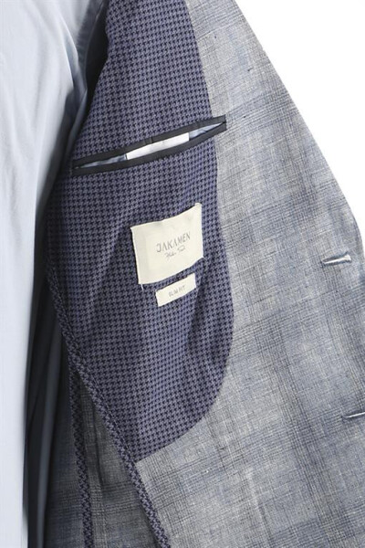 Navy Blue Slim Fit Single Breasted Checked Suit with Patch Pockets, 100% Linen - 8