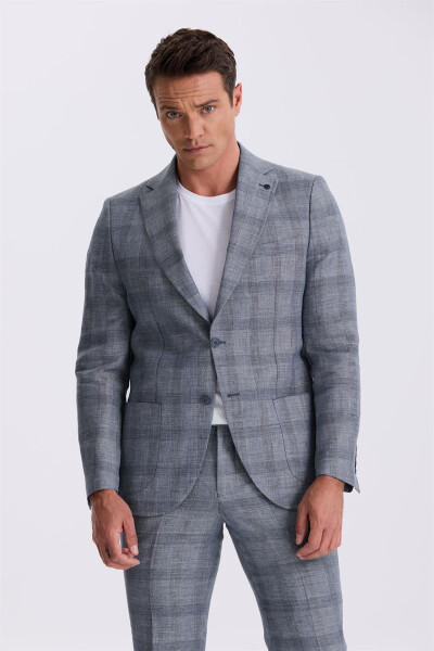 Navy Blue Slim Fit Single Breasted Checked Suit with Patch Pockets, 100% Linen - 2