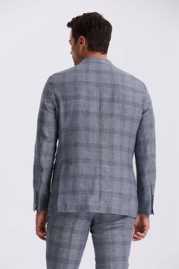 Navy Blue Slim Fit Single Breasted Checked Suit with Patch Pockets, 100% Linen - 4