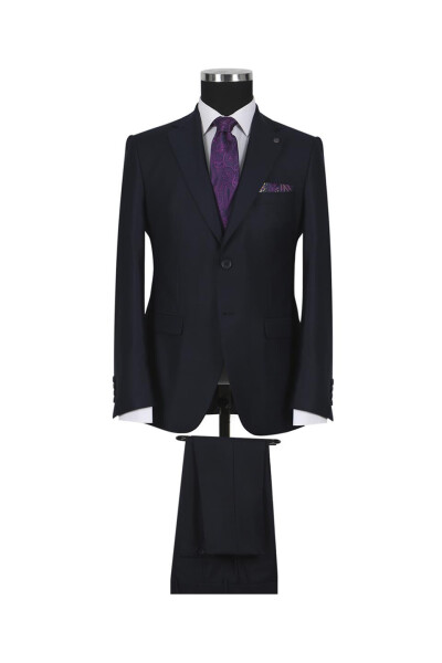 Navy Blue Slim Fit Single Breasted Double Vent Plain Suit Dress - 5