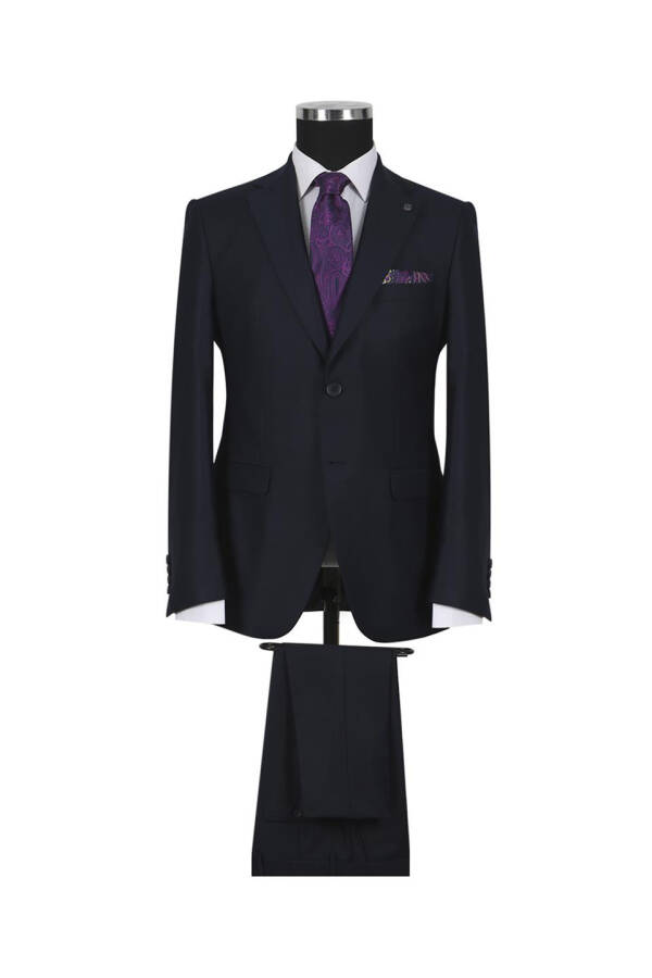 Navy Blue Slim Fit Single Breasted Double Vent Plain Suit Dress - 1