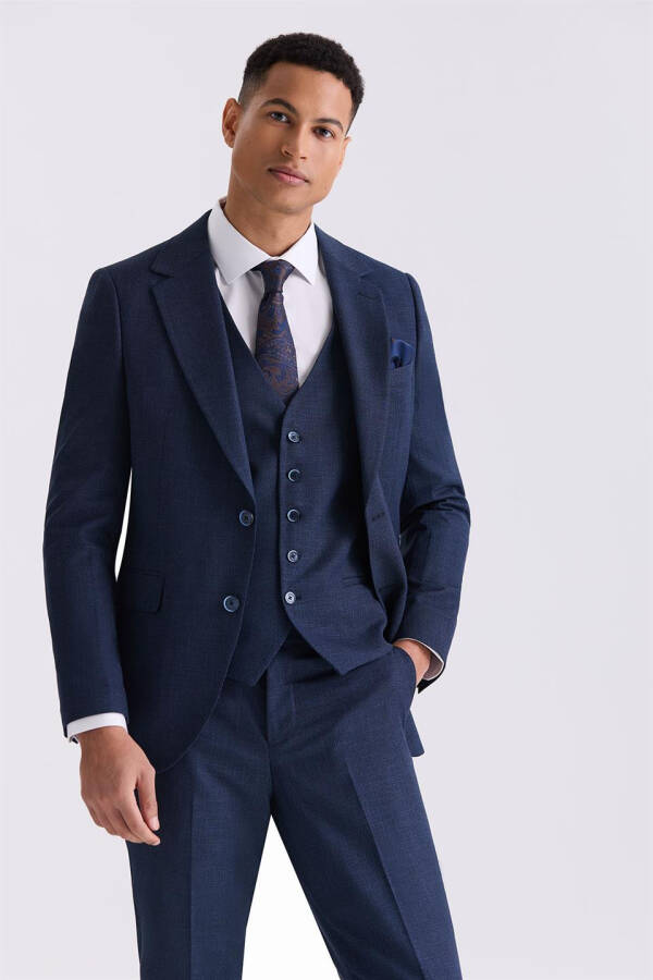 Navy Blue Slim Fit Single Breasted Vest Suit - 2