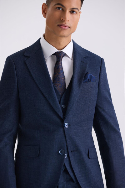 Navy Blue Slim Fit Single Breasted Vest Suit - 3