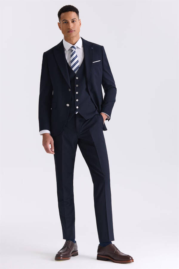 Navy Blue Slim Fit V-Neck Waistcoat Suit - 1