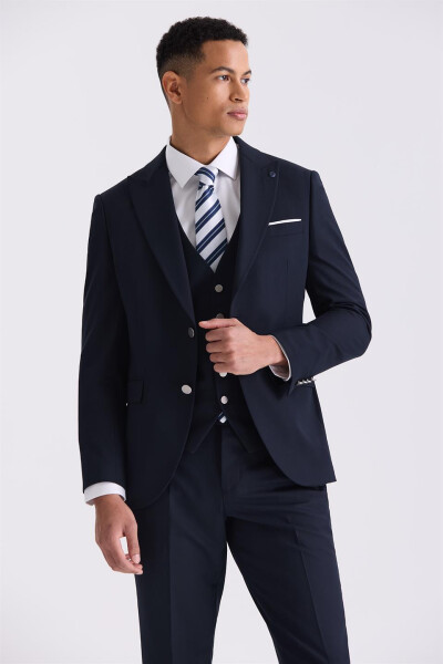 Navy Blue Slim Fit V-Neck Waistcoat Suit - 2