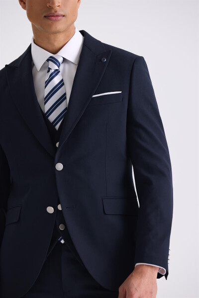 Navy Blue Slim Fit V-Neck Waistcoat Suit - 3