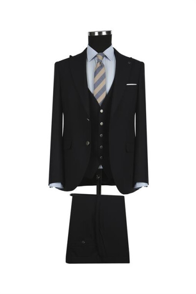 Navy Blue Slim Fit V-Neck Waistcoat Suit - 5