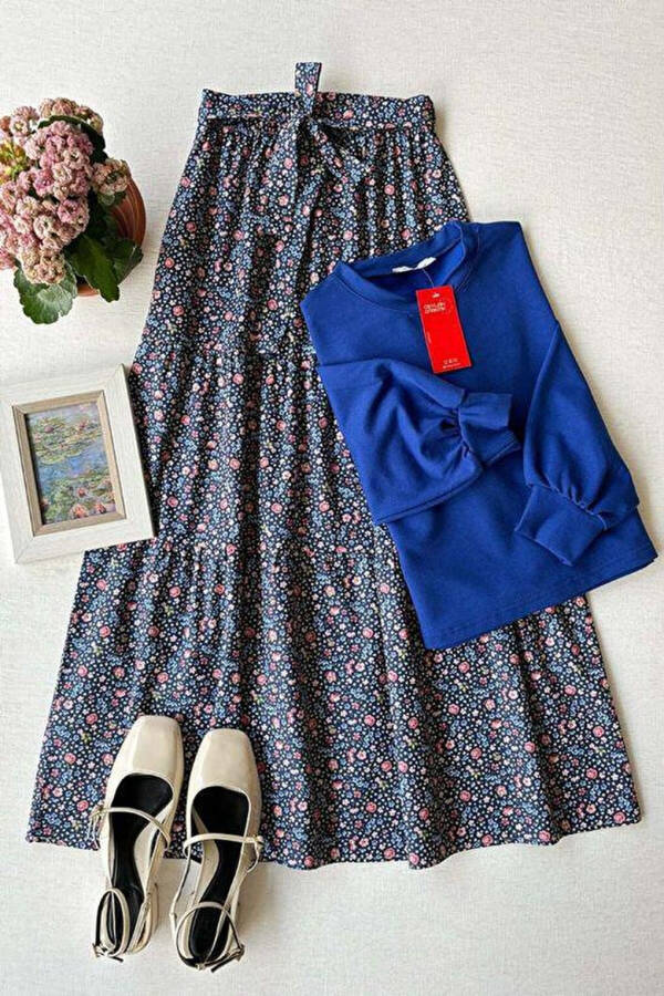 Navy Blue Small Flower Layered Skirt & Parliament 2 Thread Crop Set - 1