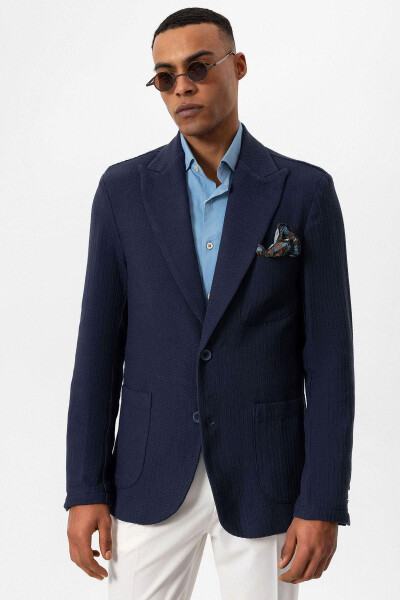 Navy Blue Unlined Men's Blazer Jacket with Patch Pockets - 8