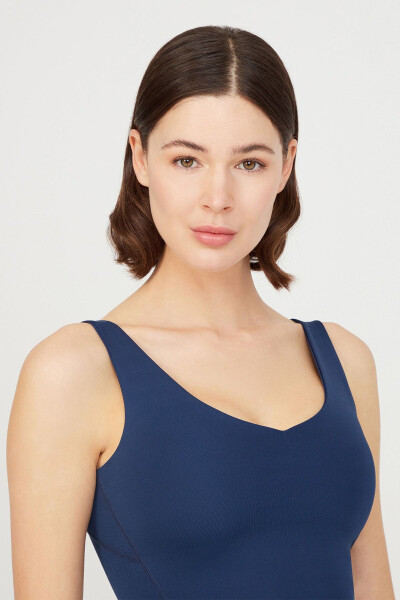 Navy Blue V-Neck Lightly Supported Padded Sports Bra - 3